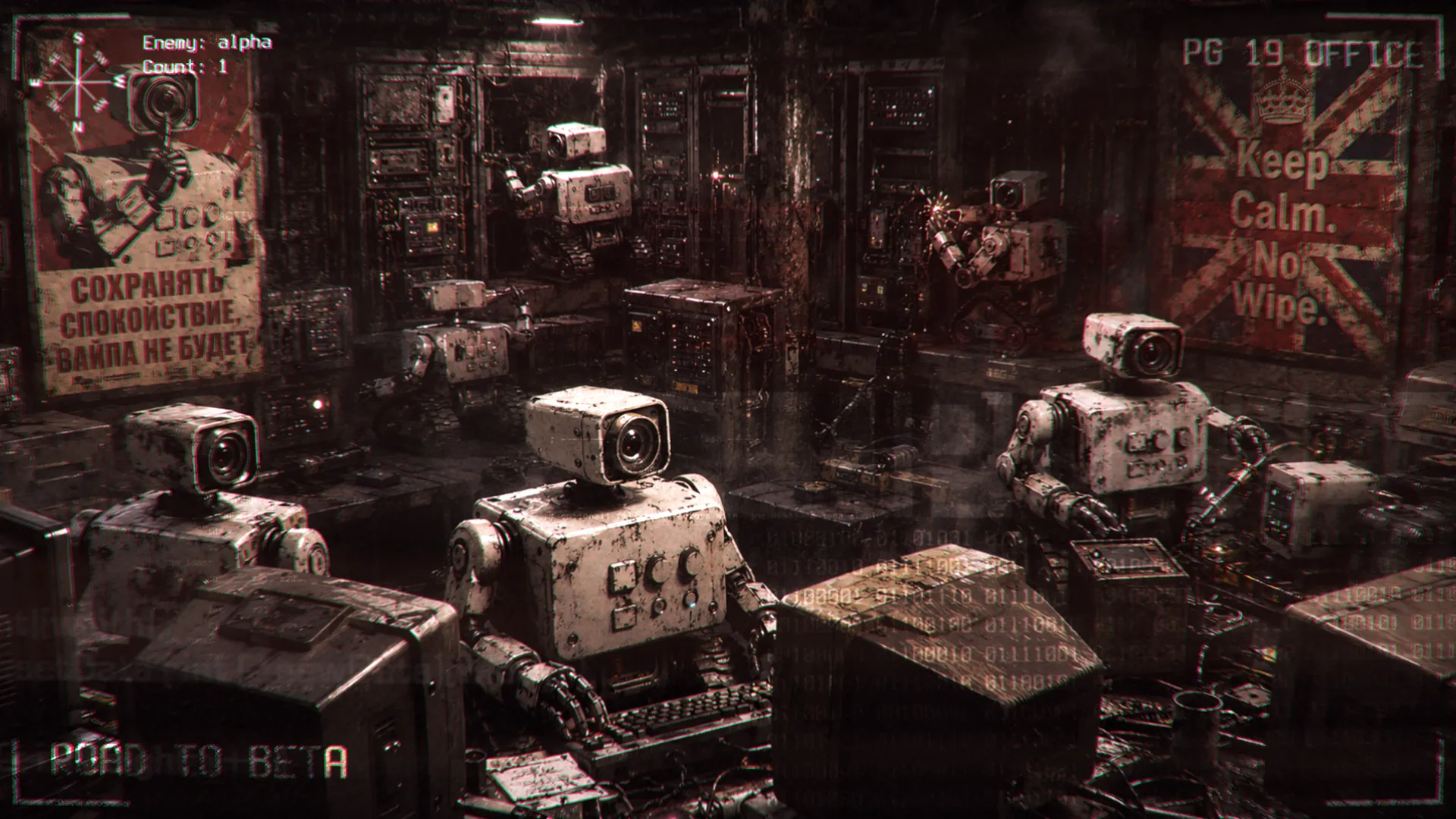 Xeon robots in a post-apocalyptic office with a “No Wipe” poster and the text “Road to Beta”.