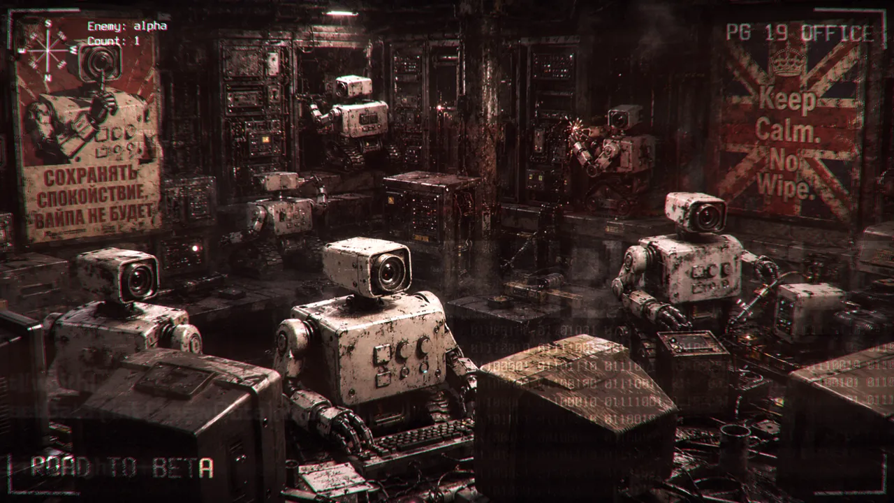 Xeon robots in a post-apocalyptic office with a “No Wipe” poster and the text “Road to Beta”.